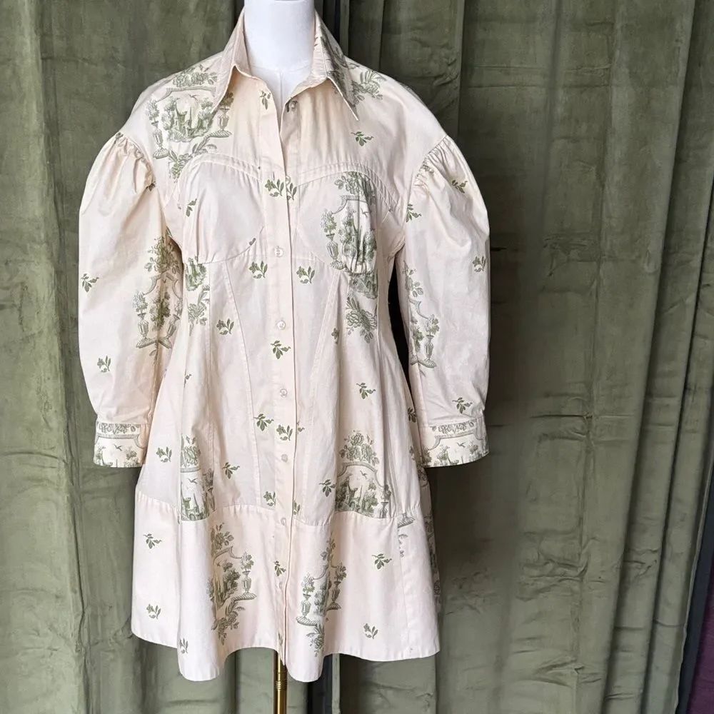 Simone Rocha Cream Dress with Green castle print, US4